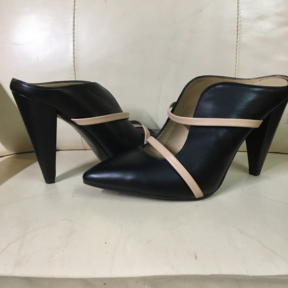 Chinese Laundry EUC black and tan strap 4 inch heel mules size 8 - Picture 3 of 12